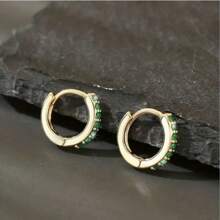 1 对铜镶嵌绿色锆石环形耳环，独特嘻哈风格闪光圆形耳环，礼物创意