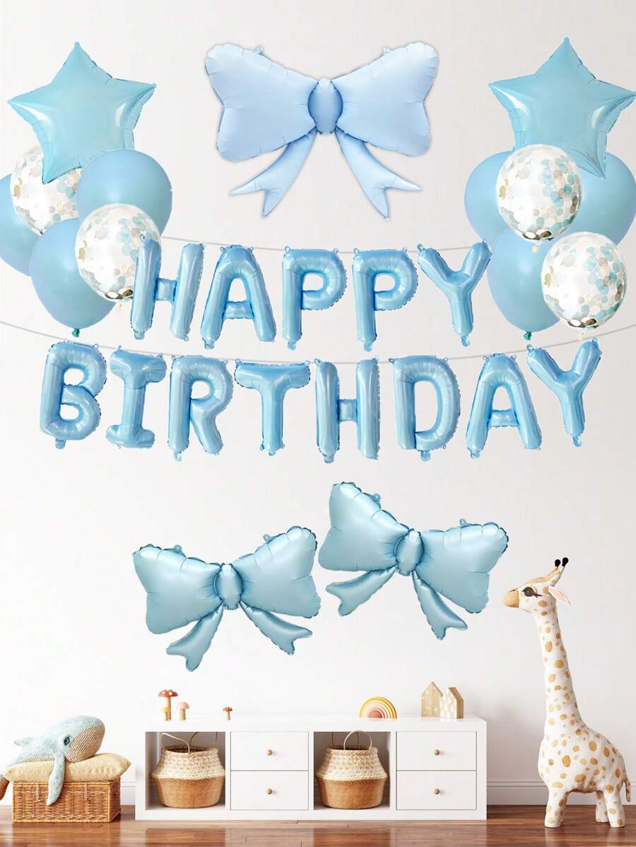 MECRLA Bộ 28 quả bóng bay chữ Happy Birthday màu xanh, nơ, ngôi sao, dành cho tiệc sinh nhật người lớn cho bé trai bé gái, tiết lộ giới tính, trang trí kỷ niệm - Một kích thước phù hợp với tất cả - Xem 1