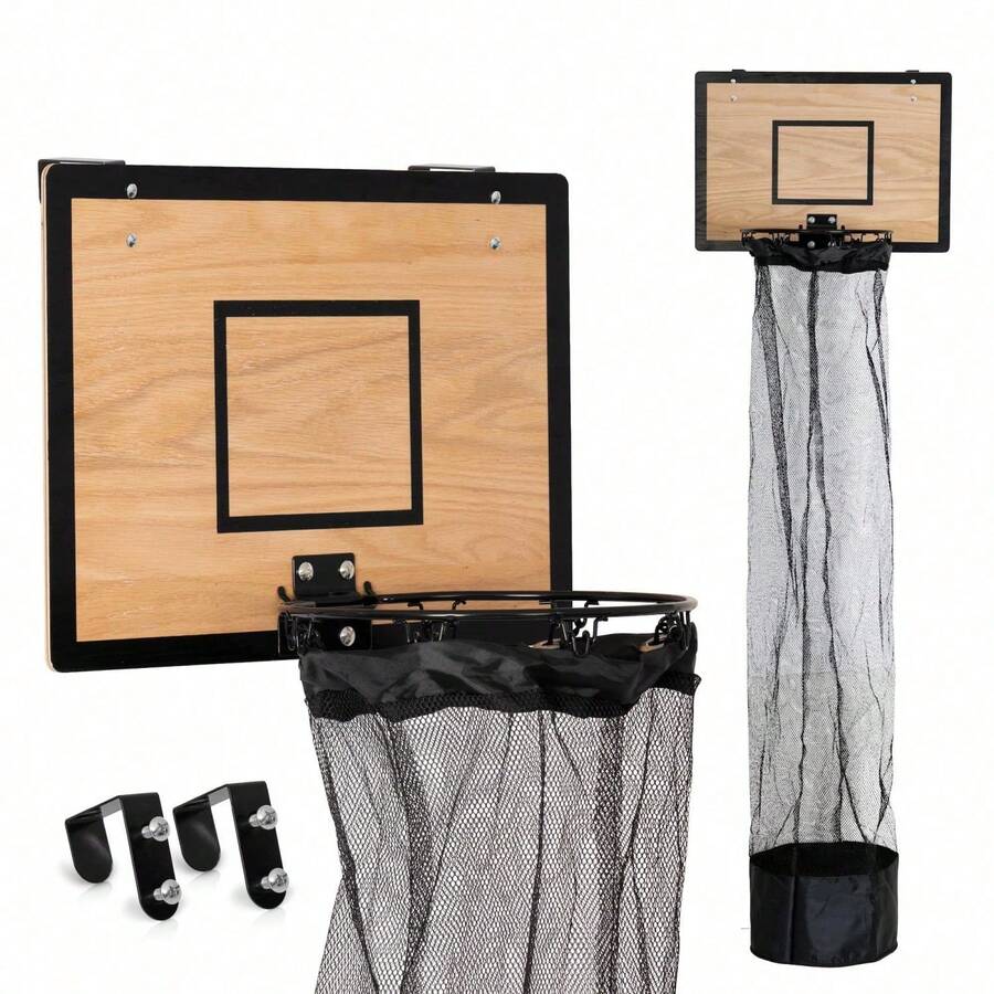 Wooden Basketball Hamper – Basketball Hoop Laundry Basket Over The Door – Basketball Room Decor - Black - View 1