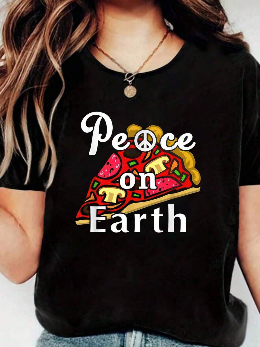 Peace On Earth, National Pizza Day T-Shirt, Short Sleeve Crew Neck Shirt,Cotton Top For Women - Black - View 1