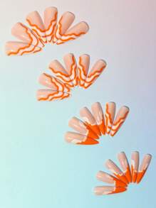 24pcs Y2K Style French Full Set Fake Nails, Orange & White Wavy Pattern Nude Base, Hand-Painted Gold Lines, Artistic Glossy Fashionable Charm Nails, Suitable For Women's Birthday Party Photo Wear - Orange - View 2