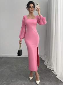 Casual Women's Mid-East Solid Color Woven Ribbon Square Neck Slit Dress