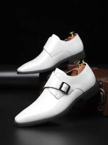 Fashionable Breathable Solid Color Shiny Men's Wedding Formal Dress Shoes, Suitable For Groom, Casual Wear, Spring/Summer/Autumn, White Color
