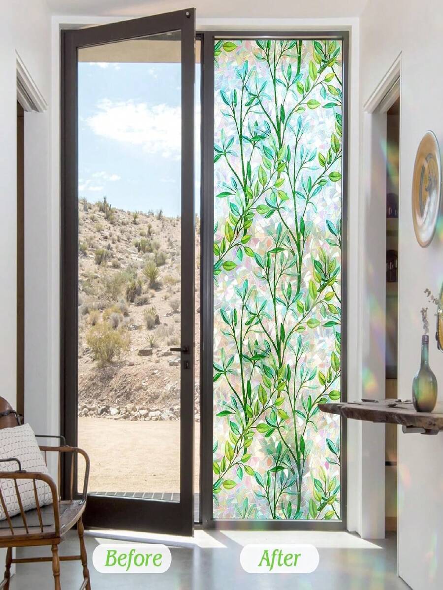 窗户隐私膜彩色玻璃窗膜 3D 装饰窗贴，防晒静电可移除玻璃门膜，家居装饰窗罩非粘性