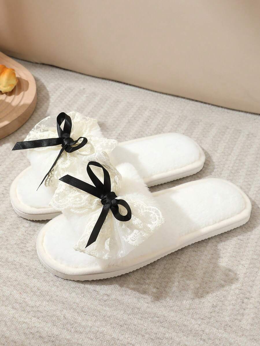 Pantoufles femme à nœud papillon moelleux, pantoufles douces et souples à enfiler pour la maison, convenant pour toutes les saisons, printemps et automne