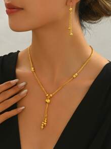 3pcs/Set Minimalist Elegant Round Bead Geometric Tassel Long Necklace & Earrings Jewelry Set, Suitable For Women's Wedding, Anniversary, Evening Gown - Gold - View 12