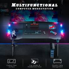 HLONONE LED Gaming Desk, Gaming Table With LED, Stable PC Table With Carbon Fiber Coating, Gamer Table With Cup Holder And Headphone Hook, Black - Black - View 5
