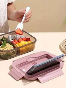 1 Set Square Solid Color Compartmental Bento Lunch Box With Lid & Utensils, Reusable Microwaveable Plastic Lunchbox Suitable For Office Workers, Students, Office, School, Parties, Outdoor, Camping, Picnics, Snacks