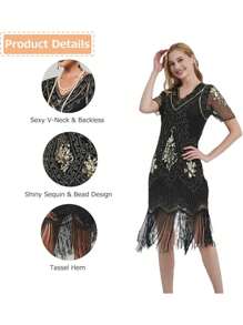 1920S Women's Flying Boom Girl Dress Sequin Dress V-Neck Lace Tassel Dress Clothing With Roaring 20s Accessories For 20s Reception, Prom, Role Play,Mother's Day Gift