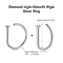 2 Pieces/1-Piece Fashion Nose Rings, Gold And Silver Stainless Steel Nose Rings, Non-Piercing Design Fake Nose Rings, Punk Style, Hip Hop Style, D-Shaped Nose Rings, Crystal Nose Rings, Zirconia-Inlaid Fake Nose Rings