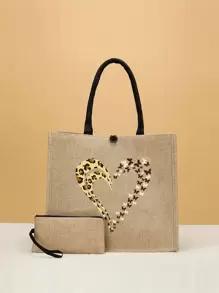 Juego de 2 piezas Bolso de Tela y Monedero con Estampado de Leopardo, Mariposa y Corazón - Bolsas de Compra Ligeras