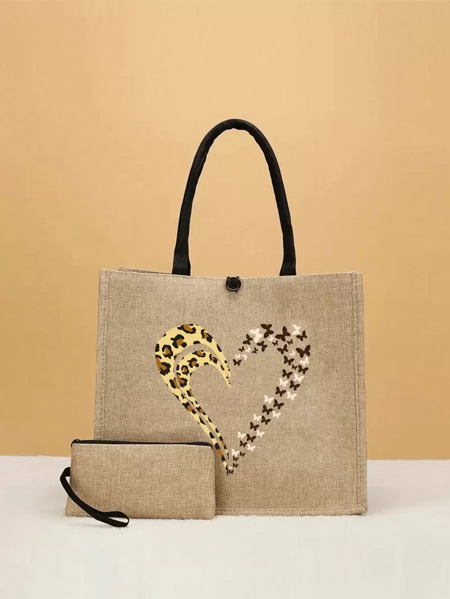 Juego de 2 piezas Bolso de Tela y Monedero con Estampado de Leopardo, Mariposa y Corazón - Bolsas de Compra Ligeras
