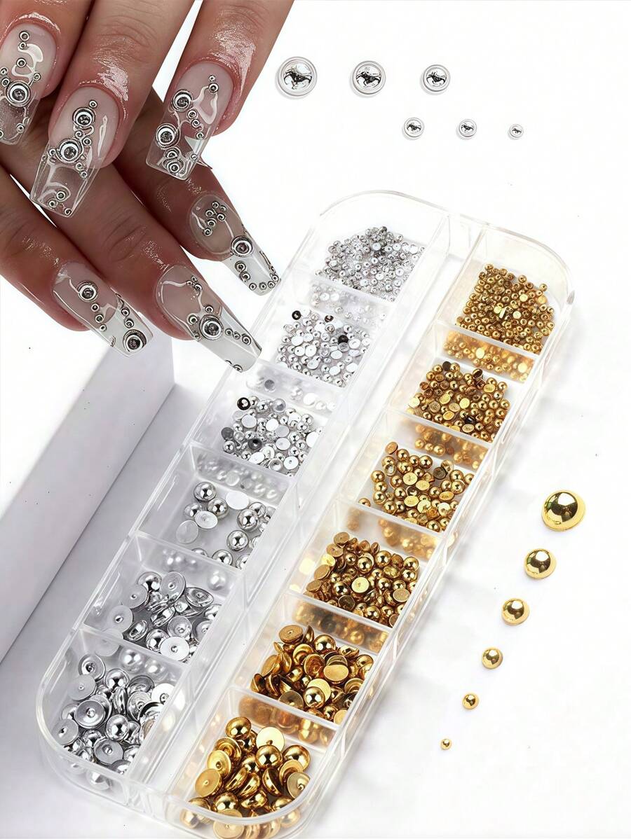 12 格平底珠球半圆 3D 朋克风格，金银珍珠美甲设计，3D 奢华哥特式珠饰美甲尖水钻装饰混合，DIY 美甲宝石，美甲用品 - 彩色 - 查看 1