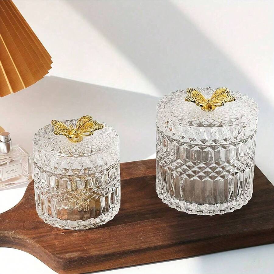 1pc Glass Jar With Lid, Embossed Desktop Decoration And Storage Box - Clear - View 1