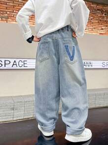Tween Boy Straight Jeans Spring And Autumn Back Pocket Print