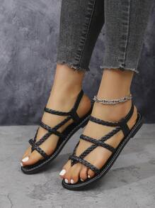 Women Woven Flat Sandals/Slippers In Black, Brown, Apricot, Coffee, Beige Colors - Open Toe, Non-Slip, For Indoor And Outdoor Use - Black - View 2