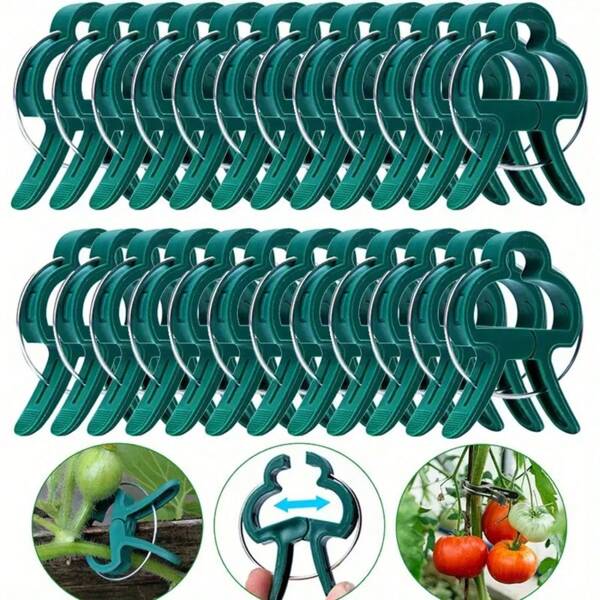 30pcs 1.2in*1.57in/1.8in*2.4in High Quality Green Garden Clips, Gardening Clips, Vegetable And Fruit Supporting Clips, Plastic Plant Supporting Clips, - Sturdy And Rust-Resistant, Waterproof Plant Bracket For Tomatoes, Flowers, Vines, Etc. - Ideal For Climbing Plants And Vegetable Gardening
