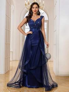 MIUSOL Sequin Floral Lace Sweetheart Neck Contrast Satin Ruffle Trim Mesh Hem Evening Party Maxi Dress, Demure Slim Dinner Dress, Formal Evening Gown, For Wedding Guest, Graduation, Dinner - Navy Blue - View 4