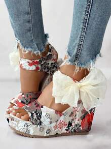 Women's Floral Platform Butterfly Tied Waterproof Wedge Thick Sole Sandals (Random Print Pattern)Tacones De Mujer Elegantes,Sandals For Women - 彩色 - 查看 3