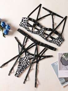 Fetish Lingerie Set With Spaghetti Straps, Hollow-Out, Leopard Print, Revealing Chest, Sexy - White - View 8