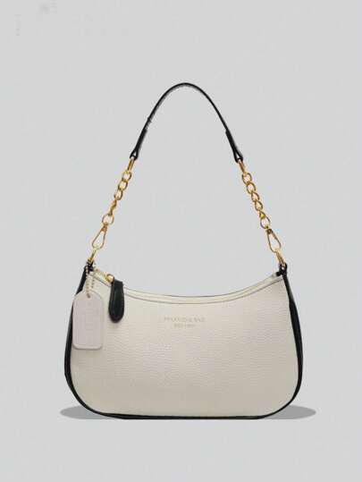 1 件女士纯色 PU 单肩包，适合上班通勤的多功能腋下包，可调节肩带斜挎包，撞色字母手提包带拉链，时尚