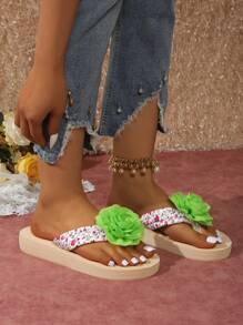 Women Summer Flip Flops Anti-Slip Thong Sandals, Flower Design Casual Beach Slippers