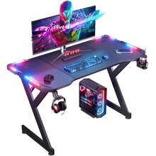 HLONONE LED Gaming Desk, Gaming Table With LED, Stable PC Table With Carbon Fiber Coating, Gamer Table With Cup Holder And Headphone Hook, Black - Black - View 1