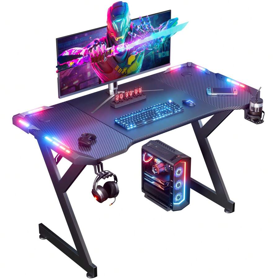 HLONONE LED Gaming Desk, Gaming Table With LED, Stable PC Table With Carbon Fiber Coating, Gamer Table With Cup Holder And Headphone Hook, Black - Black - View 1