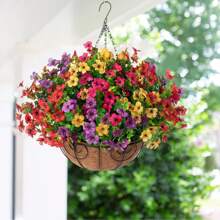 Artificial Faux Hanging Plants Flowers Basket For Summer Outdoor Outside Decoration, Fake Silk UV Sun Resistant Look Real Colorful Daisy Eucalyptus For Porch Home Patio Balcony Yard - Multicolor - View 8
