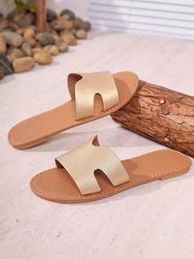 Women's Gold Flat Sandals, Classic H Design Open Toe Hollow Out Slip On Shoes For Casual Vacation Beach - Gold - View 4