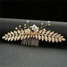 1pc Retro Metalen Blad Haar Kam, Handgemaakte Parel Haaraccessoires, Bruids Haardecoratie