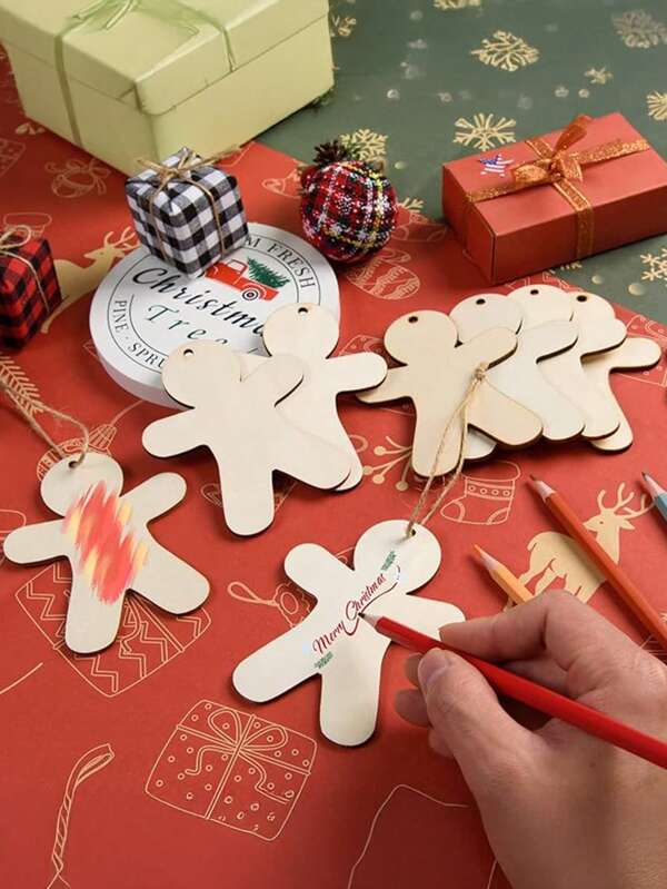 20pcs Unfinished Wooden Gingerbread Man Ornaments,Blank Wooden With String Christmas DIY Crafts,Gift Tags,Christmas Party Decor And Tree Decorations,Christmas(Hole With String)