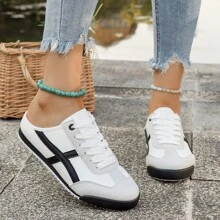 Zapatillas de moda para mujer, elegantes tenis de corte bajo con cordones, punta redonda, casual, con diseño de rayas, suela antideslizante de PVC, forro de malla, parte superior de PU, cómodos para todo el año