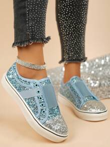 女士休闲圆头平底帆布便鞋，彩色闪光设计，舒适低帮，时尚百搭