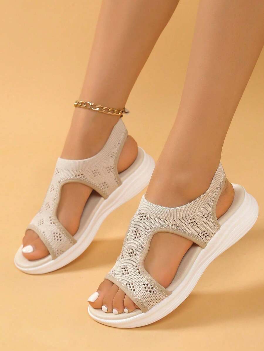 女士图案镂空网眼休闲运动凉鞋 - 米色 - 查看 1