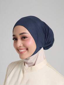 1 件女士纯色弹力下帽头巾，舒适适合日常穿着、节日、运动 - 藏蓝色 - 查看 1