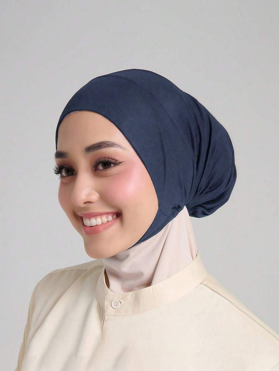 1 件女士纯色弹力下帽头巾，舒适适合日常穿着、节日、运动 - 藏蓝色 - 查看 1