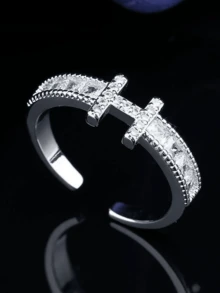 1pc European And American Design Style H-Letter Diamond Inlaid Ring For Women With Cold And Indifferent Style Open Ring - Silver - View 5