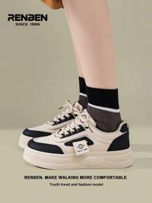 RENBEN 1 双女式 2025 年春季新款流行厚底拼接休闲帆布运动鞋 - 黑色 - 查看 10