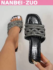 NANBEI ZUO NANBEI.ZUO Plus Size Women's Black Square Toe Hollow-Out Sparkling Rhinestone Decor Mid-High Heel Sandals, Fashion Minimalist Stylish High Quality Versatile Street Chic European And American Style Slip-On Comfortable Breathable Sandals For Commuting, Indoor, Outdoor, Party, Date, Holiday