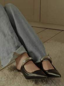 Fall/Winter 2025 Minimalist Pointed Toe Mule Slippers For Women, French Style Thick Heel Mid-Heel Backless Metal Toe Slide Sandals, Elegant, Women Pumps, Elegant - Black - View 5