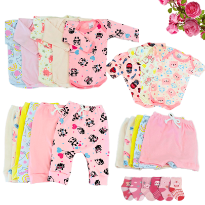 kit 15 peças de roupa para bebe menina 100% algodão - roupa de bebe feminina 5 body,3 calça,3 short,4 meia - enxoval maternidade menina
