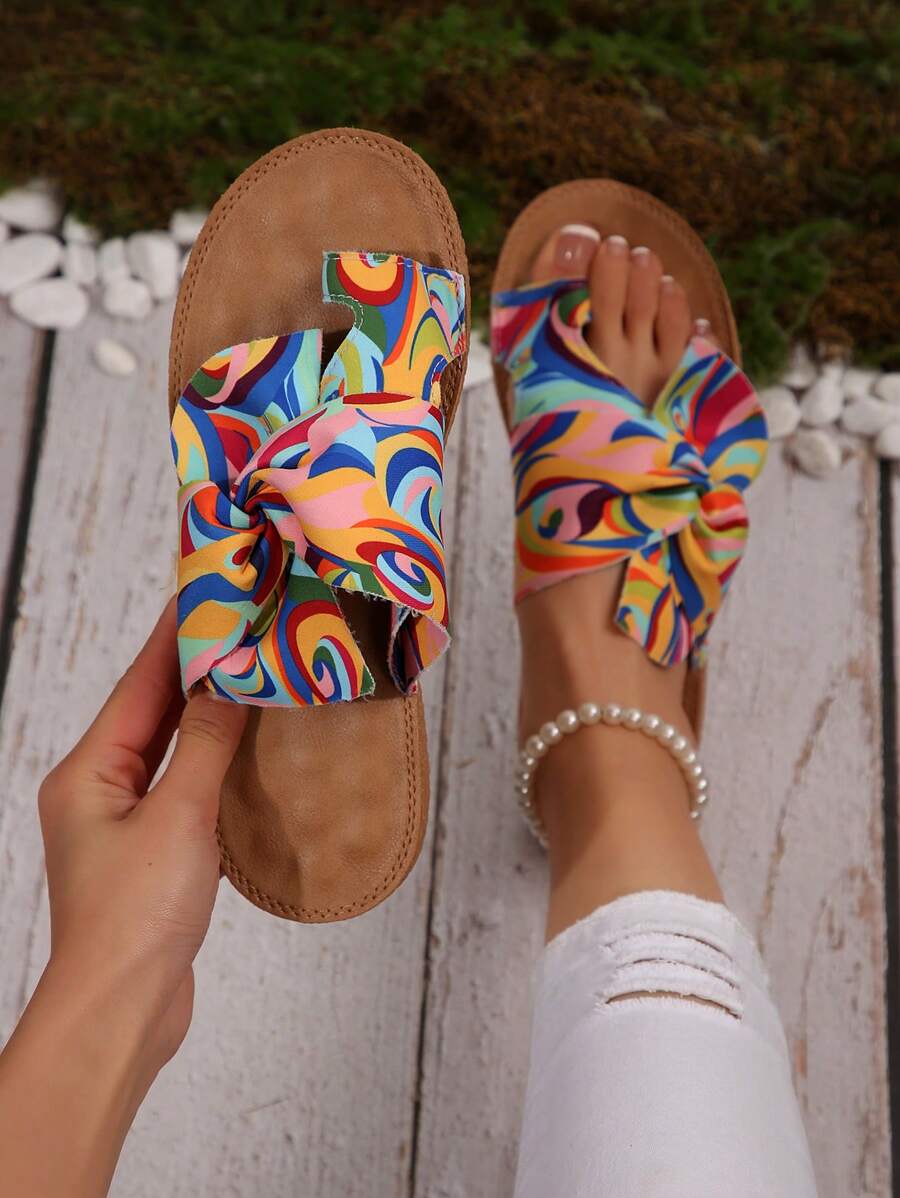 Women Bow Decor Flat Slippers, Suede Fisherman Style Beach Shoes, New Summer Flat Casual Ring Toe