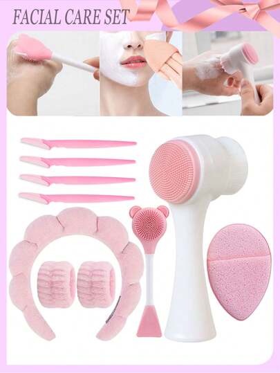 10 件套 / 6 件套 / 4 件套面部护理套装：深层清洁、深层清洁、水疗面膜刷套装、便携式护肤套装、柔软法兰绒头巾、硅胶去角质刷、眉刷，是开学季、万圣节、圣诞节、万圣节装饰期间送给女性的理想礼物
