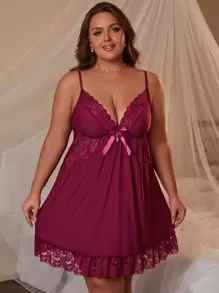 大码内衣 V 领蕾丝睡裙睡衣，柔软舒适，细肩带和蝴蝶结装饰 - 酒紅色 - 查看 1