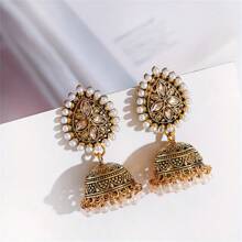 1 Pair Vintage Waterdrop Shaped Pearl & Rhinestone Tassel Alloy Bell Earrings For Women