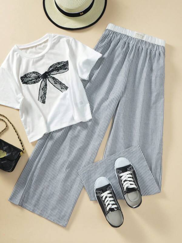 2pcs/Set Teen Girls Knitted Cropped Short Sleeve Top With Lace Bow, Striped Wide Leg Pants Set, Summer