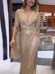 Long Sleeve Slit Design Dress, Elegant Rose Gold Suitable For Party Dinner, Women's Wear, For Cocktail