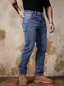Customized Elastic Embroidered Denim Jeans - Medium Wash - View 2