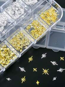 1Box 12 Grid Sparkling Golden Silver Star Nail Rivet Studs - 3D Starlight Butterfly Flower Moon Alloy Metal Nail Supplies Nail Charms For Nails Nail Gems